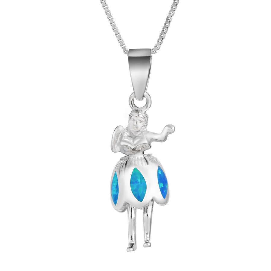 Sterling Silver Created Blue Opal Dancing Hawaiian Hula Girl Necklace Pendant with 18" Box Chain