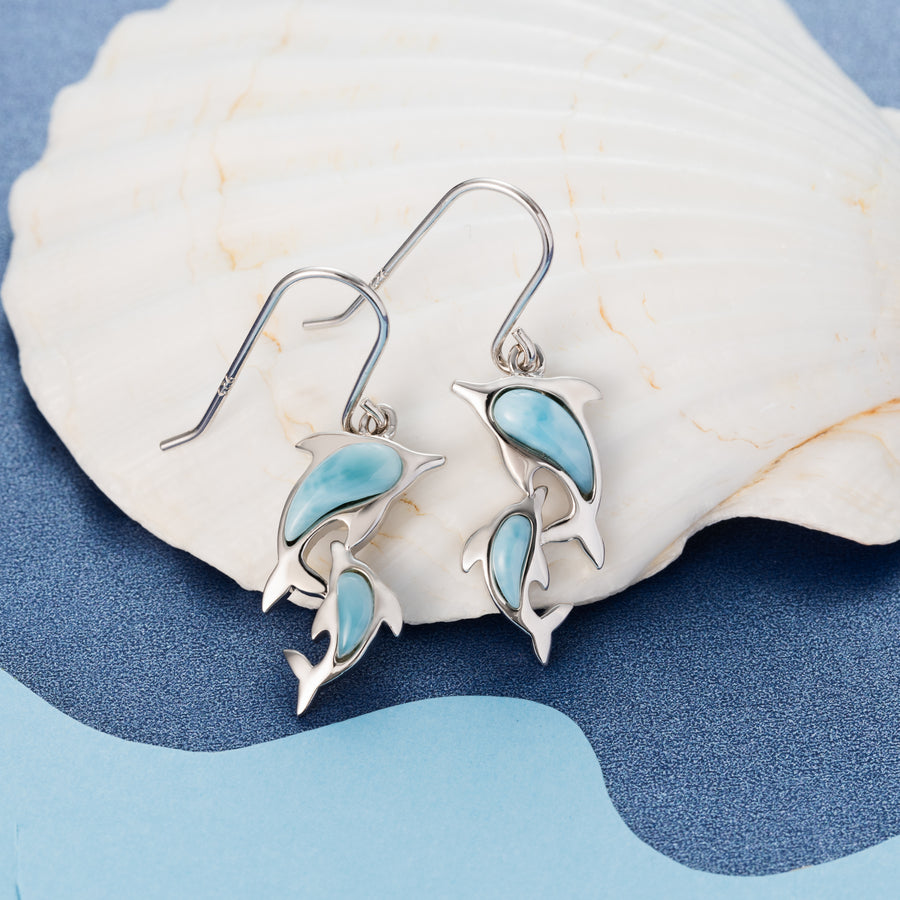 Sterling Silver Natural Larimar Mother & Baby Dolphin Dangle Earrings