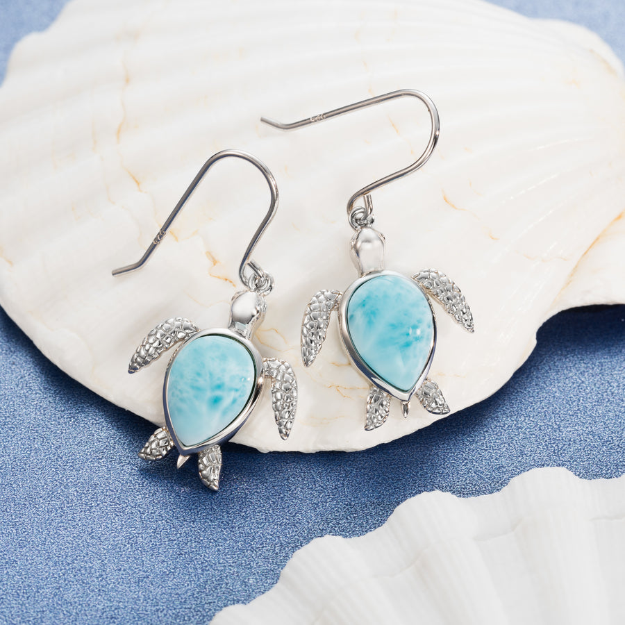 Sterling Silver Natural Larimar Turtle Dangle Hook Earrings