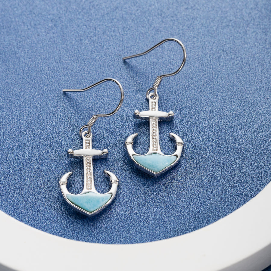 Sterling Silver Natural Larimar Anchor Dangle Earrings