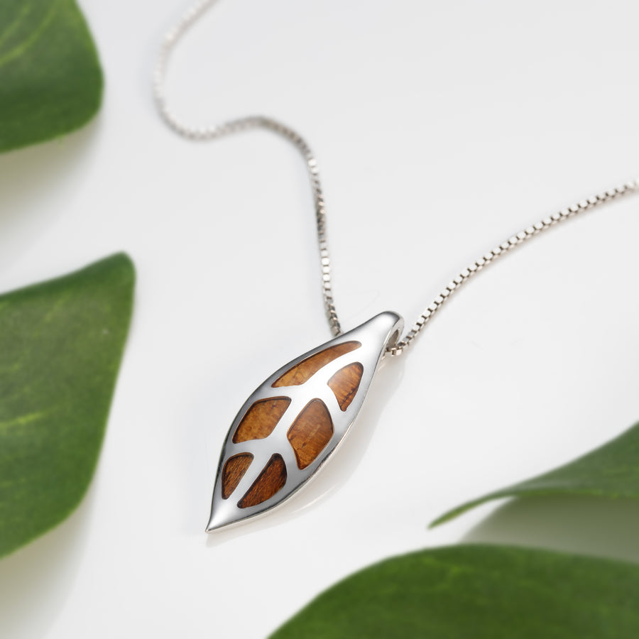 Sterling Silver Koa Wood Maile Leaf Necklace Pendant with 18" Box Chain