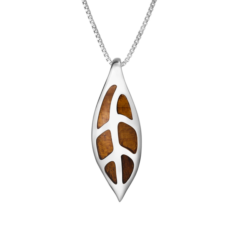 Sterling Silver Koa Wood Maile Leaf Necklace Pendant with 18" Box Chain