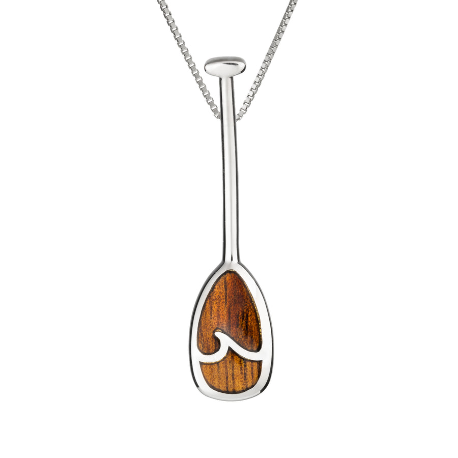 Sterling Silver Koa Wood Canoe Paddle Necklace Pendant with 18" Box Chain