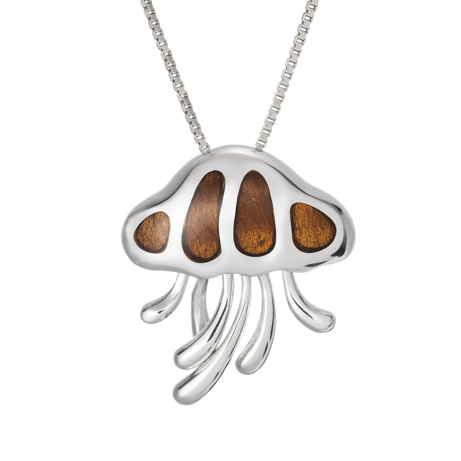 Sterling Silver Koa Wood Jellyfish Necklace Pendant with 18" Box Chain