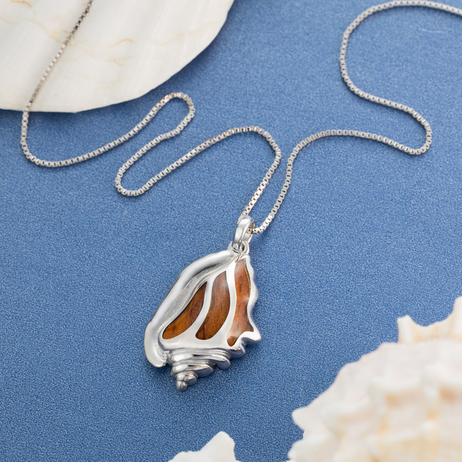 Sterling SIlver Koa Wood Conch Shell Necklace Pendant with 18" Box Chain