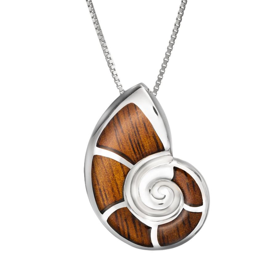 Sterling Silver Koa Wood Nautilus Shell Necklace Pendant with 18" Box Chain