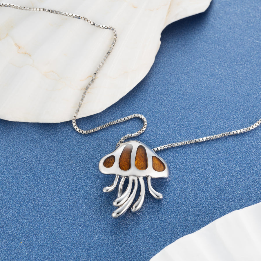 Sterling Silver Koa Wood Jellyfish Necklace Pendant with 18" Box Chain