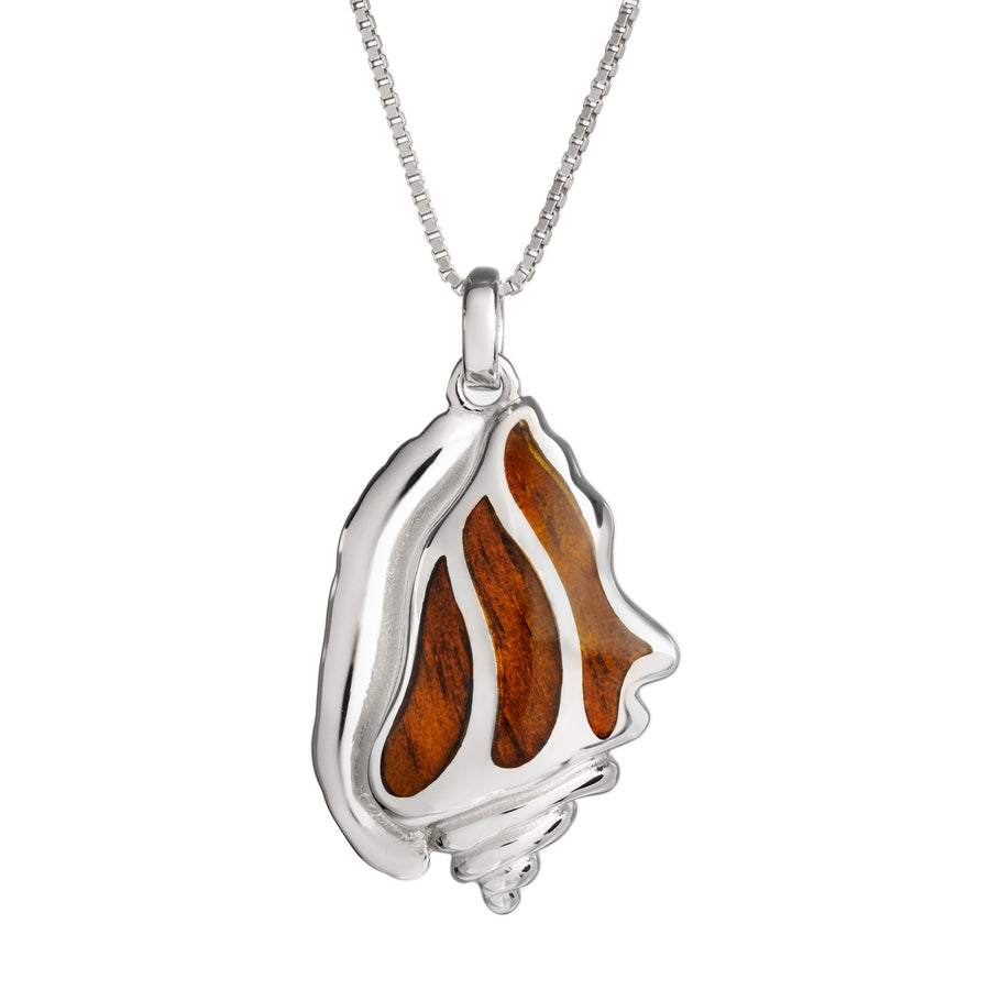 Sterling SIlver Koa Wood Conch Shell Necklace Pendant with 18" Box Chain