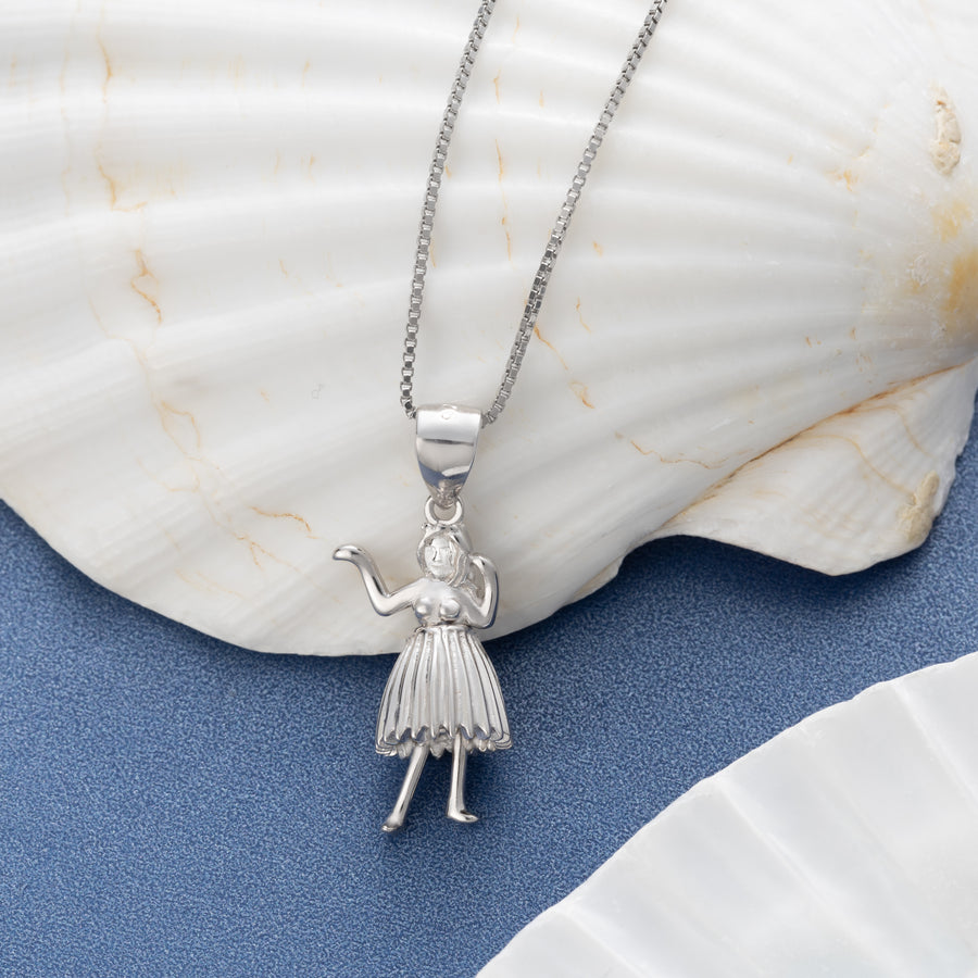 925 Sterling Silver Hawaiian Hula Girl Necklace Pendant with 18" Box Chain