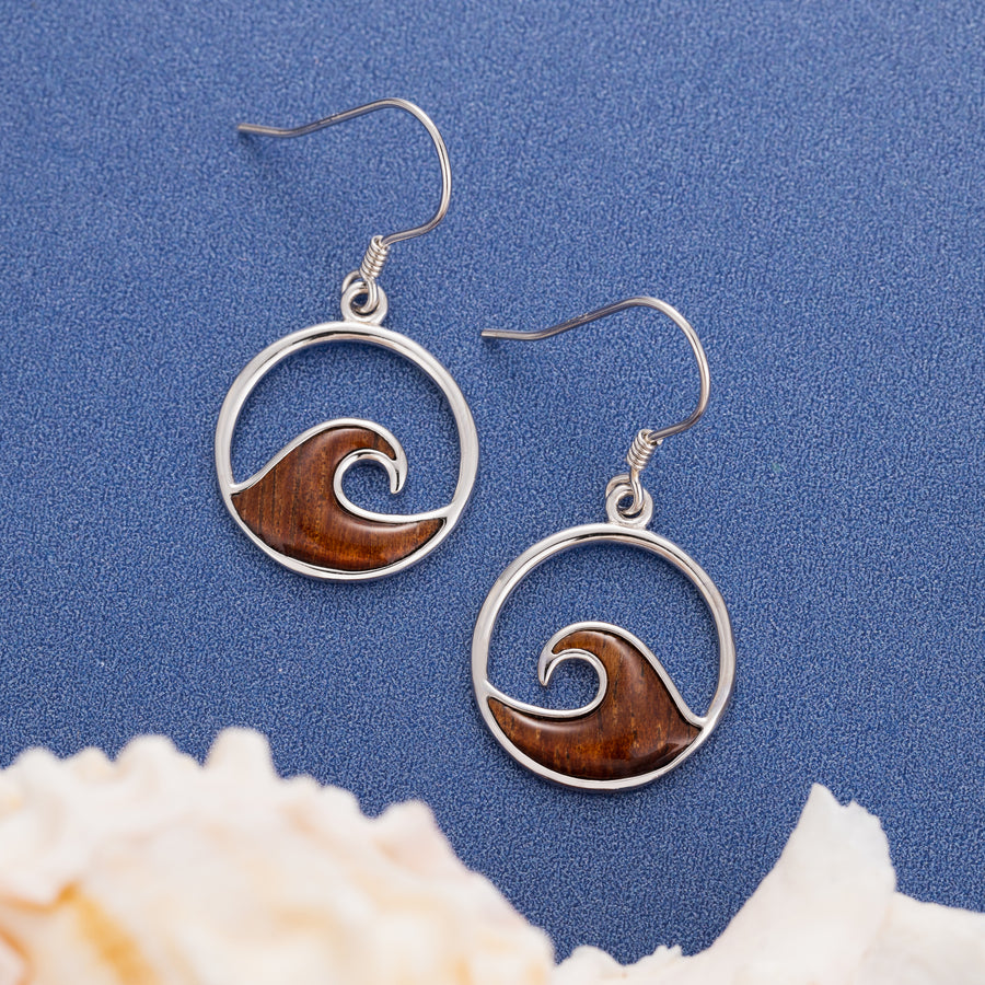 Silver Fishhook Earring Pierce Made with Sterling Silver and Hawaiian Koa Wood Inlay