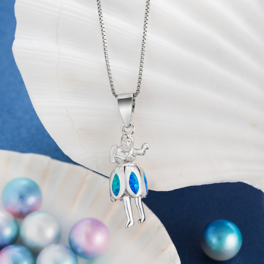 Sterling Silver Created Blue Opal Dancing Hawaiian Hula Girl Necklace Pendant with 18" Box Chain