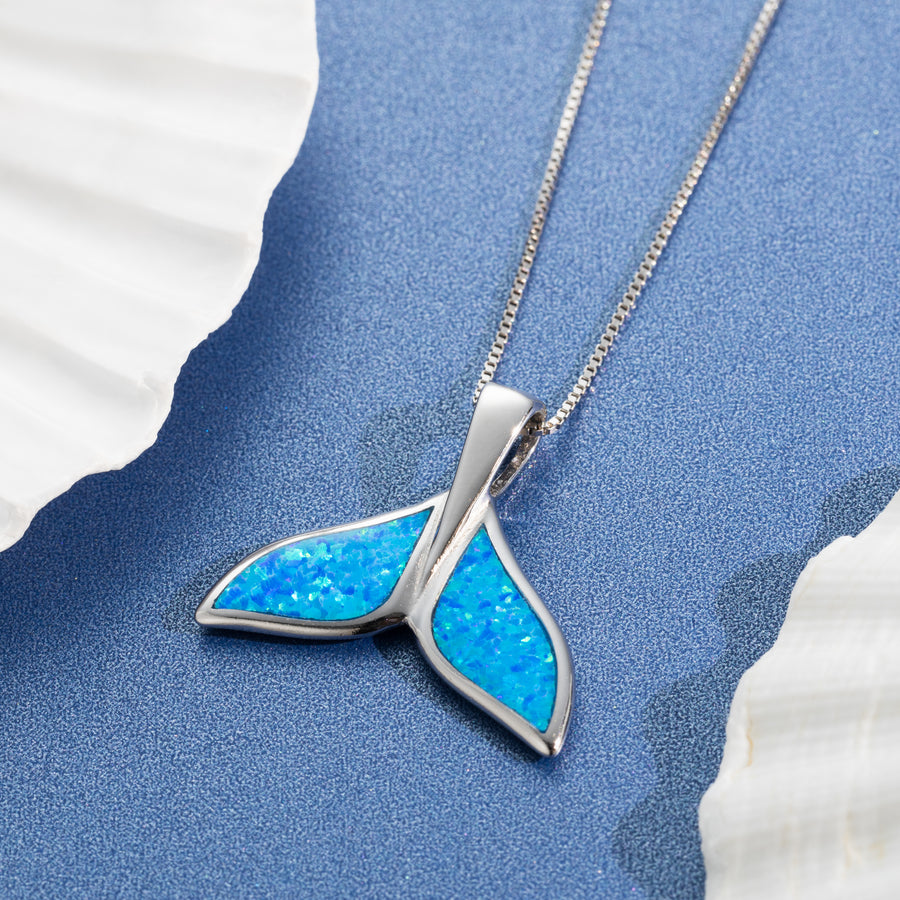 Sterling Silver Opal Whale Tail Necklace Pendant with 18" Box Chain