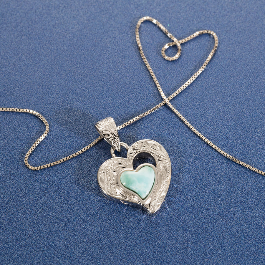 Sterling Silver Natural Larimar Tribal Heart Pendant