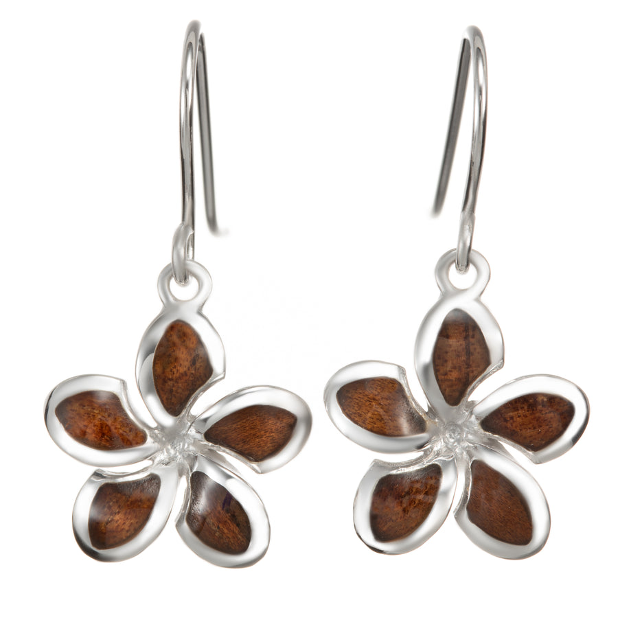 Sterling Silver Natural Koa Wood Plumeria Dangle Earrings