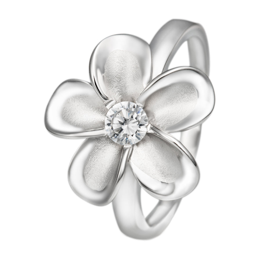 925 Sterling Silver & 14K Gold Plated Plumeria Flower Ring with Cubic Zirconia