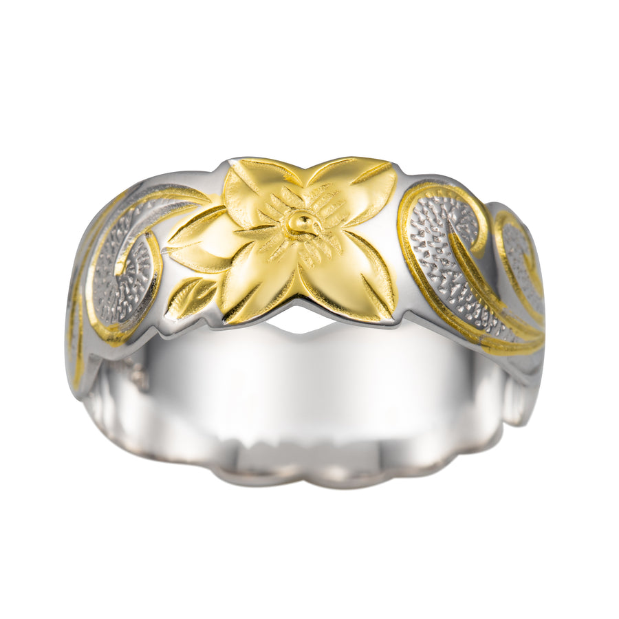 925 Sterling Silver 14K Gold Plated 8mm Hawaiian Plumeria Flower Scroll Stackable Ring (Two Tone Yellow-Gold)