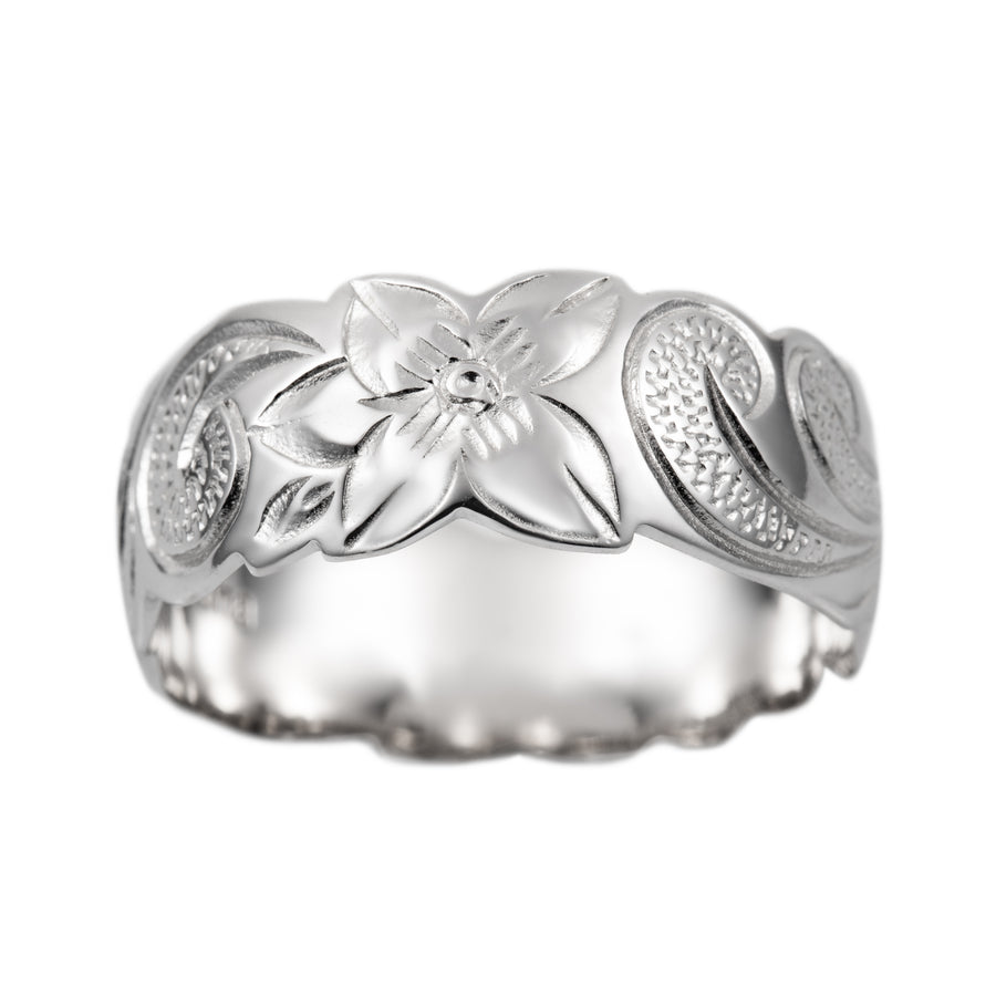 925 Sterling Silver 8mm Hawaiian Plumeria Flower Scroll Stackable Ring