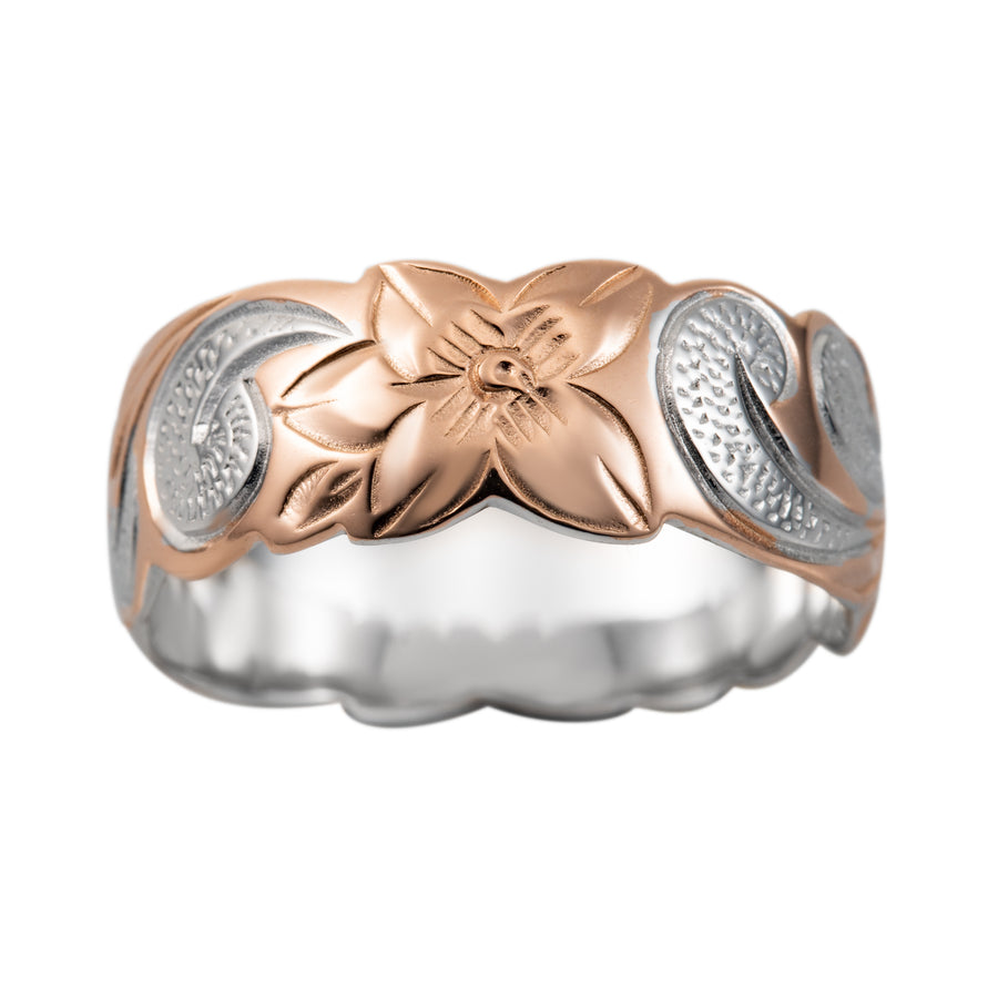 925 Sterling Silver 14K Rose-Gold Plated 8mm Hawaiian Plumeria Flower Scroll Stackable Ring (Rose-Gold)