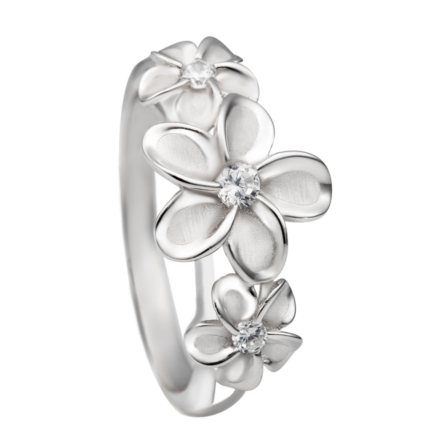 925 Sterling Silver CZ Three Plumeria Flower Ring