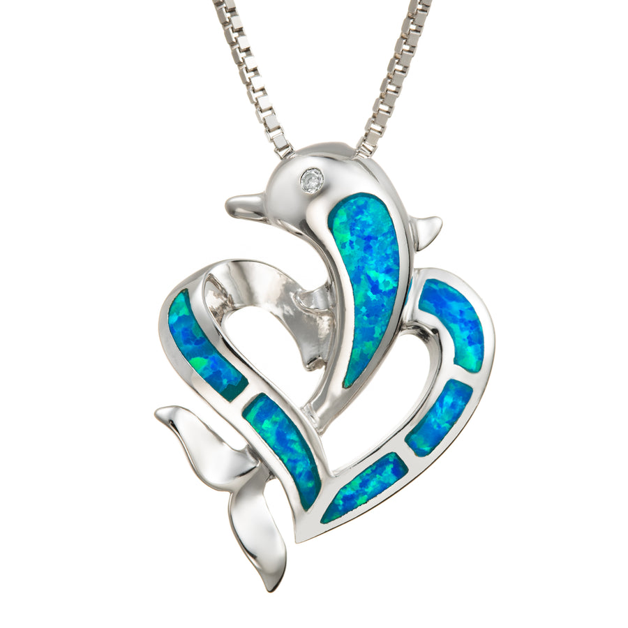 Sterling Silver Opal Dolphin Heart Pendant with Cubic Zirconia