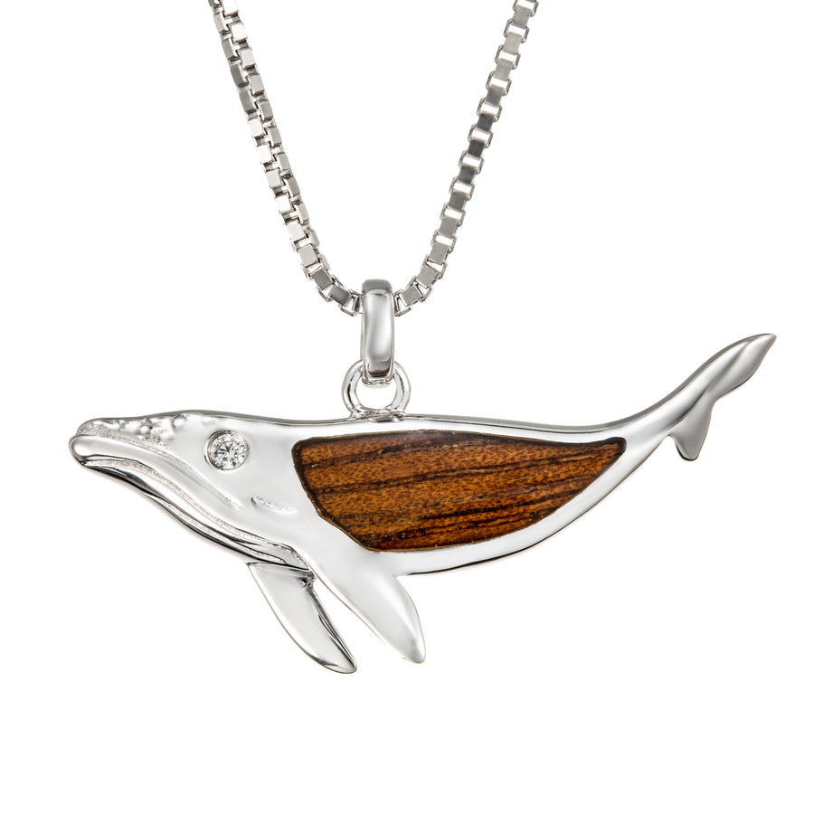 Sterling Silver Natural Koa Wood Humpback Whale Pendant with Cubic Zirconia