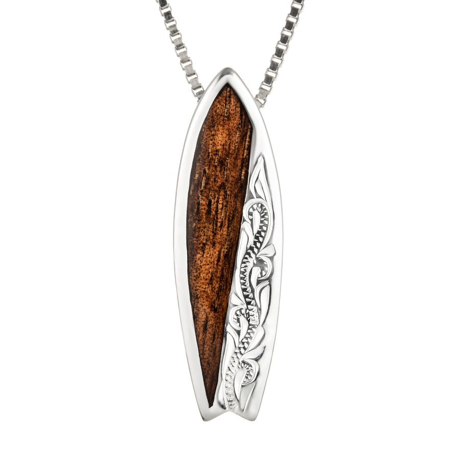 Sterling Silver Natural Koa Wood Surfboard Pendant - Hawaiian Heirloom Hybrid