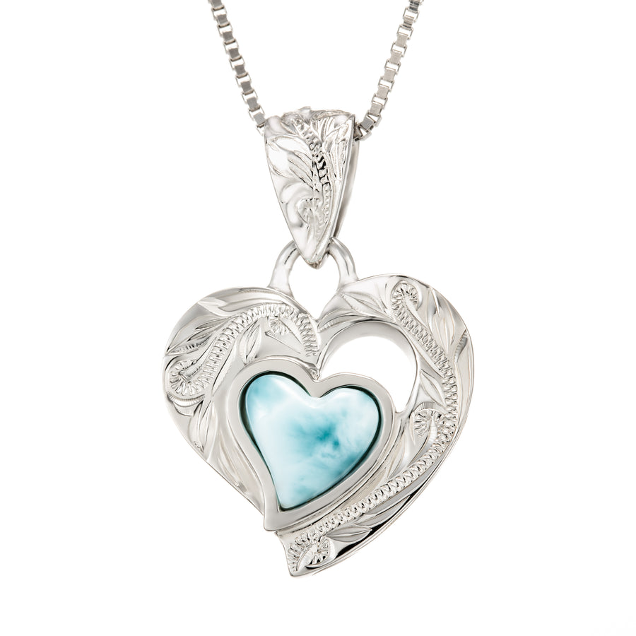 Sterling Silver Natural Larimar Tribal Heart Pendant