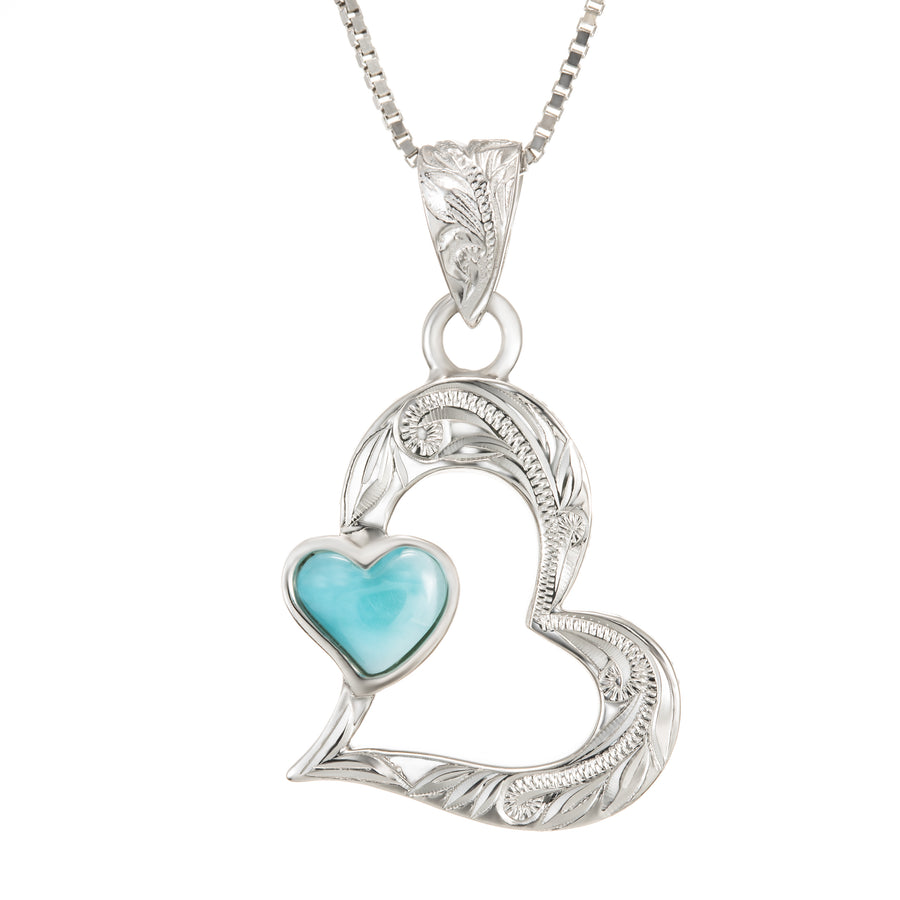 Sterling Silver Natural Larimar Hawaiian Heart Pendant