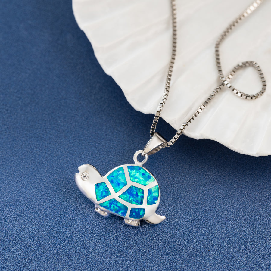 Sterling Silver Created Blue Opal Cute Little Baby Sea Turtle and Cubic Zirconia Necklace Pendant with 18" Box Chain