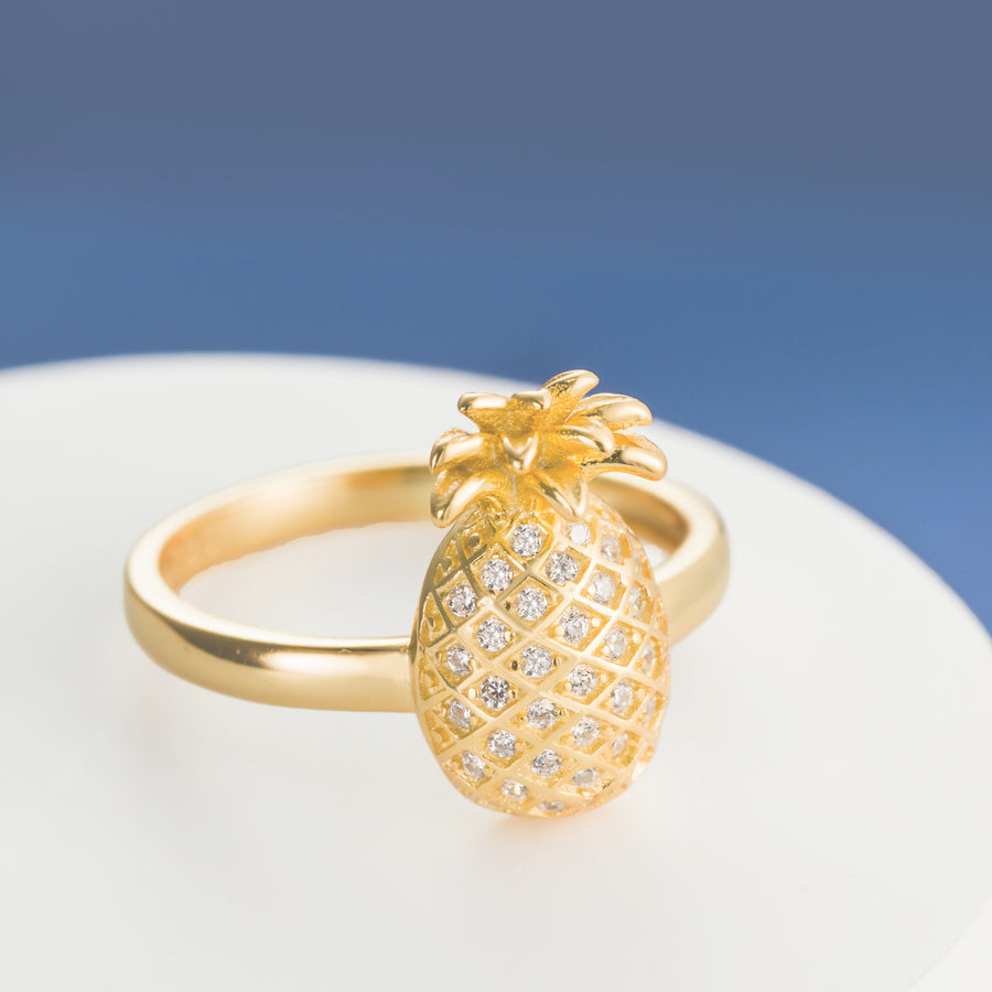 925 Sterling Silver 18K Gold Plated Hawaiian Pineapple Plant Ring Stackable Wedding Band with Cubic Zirconia (Yellow-Gold)