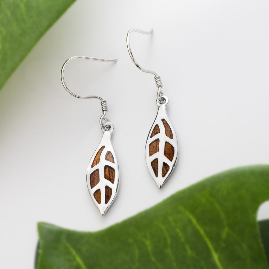 Sterling Silver Koa Wood Maile Leaf Dangle Earrings