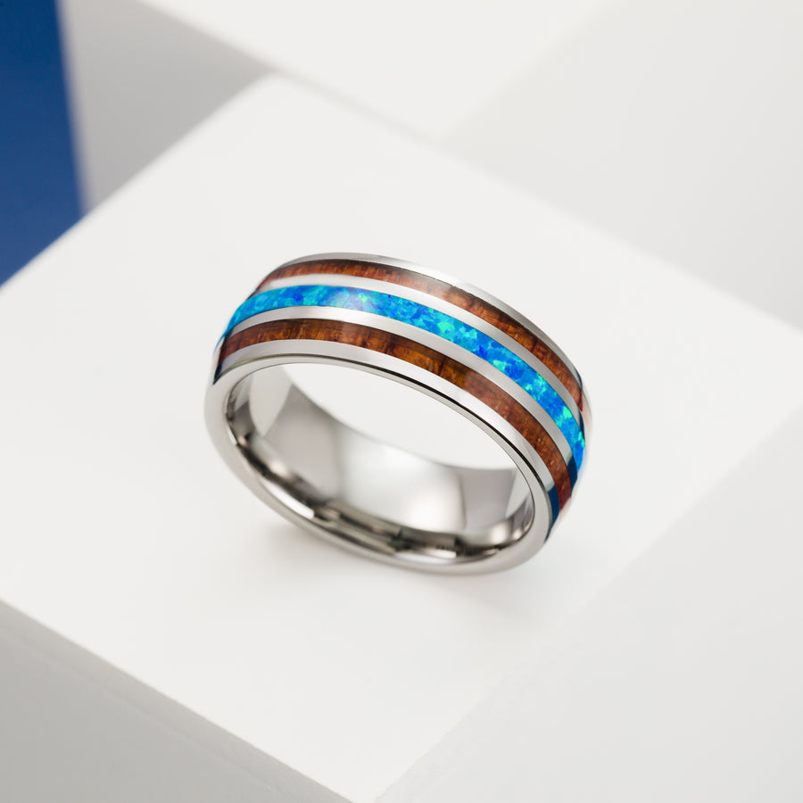 Tungsten Carbide Hawaiian Koa Wood with Blue Opal Inlay 8mm Ring