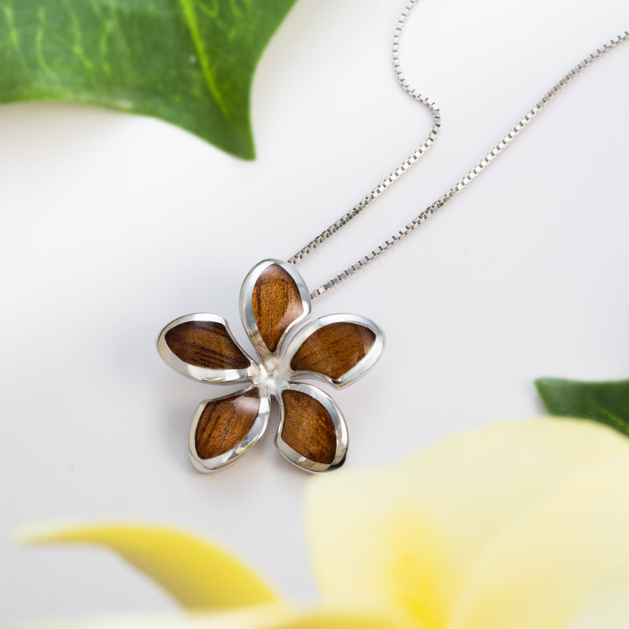 Sterling Silver Koa Wood Plumeria Necklace Pendant with 18" Box Chain