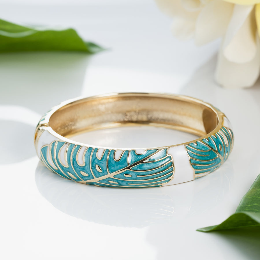 Hawaiian Monstera Luau Leaves Hinged Clasp Fashion Enamel Bangle Bracelet