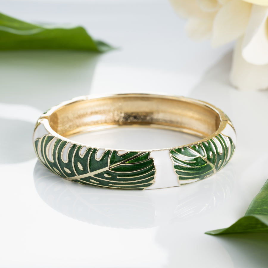 Hawaiian Monstera Luau Leaves Hinged Clasp Fashion Enamel Bangle Bracelet