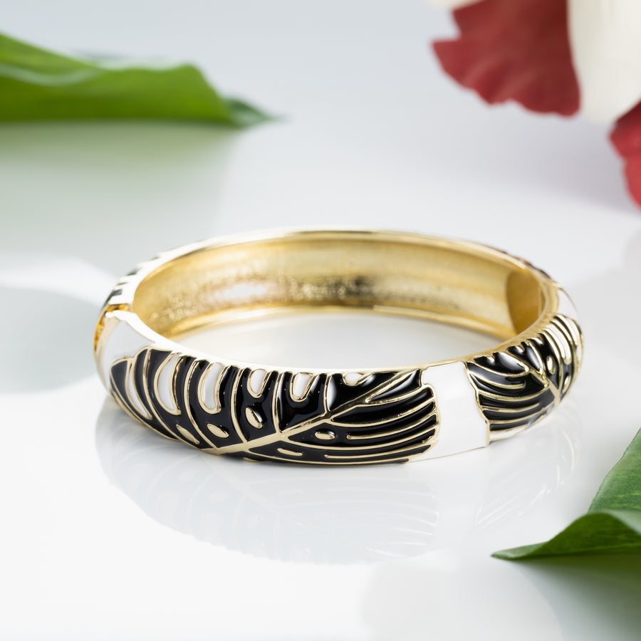 Hawaiian Monstera Luau Leaves Hinged Clasp Fashion Enamel Bangle Bracelet