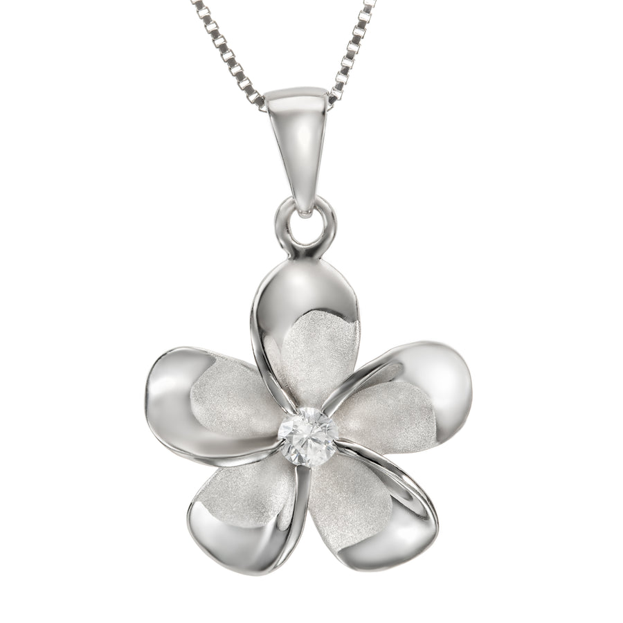 925 Sterling Silver Plumeria Pendant with Cubic Zirconia