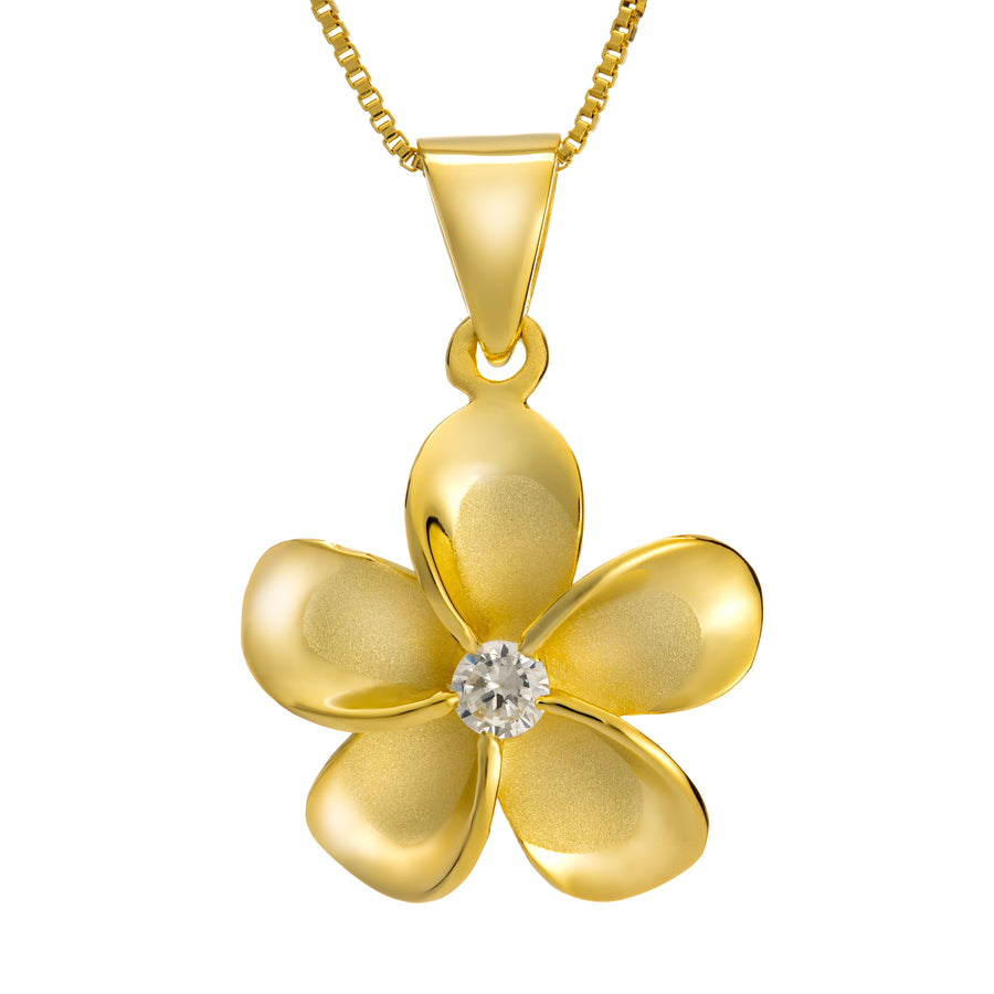 925 Sterling Silver 14K Gold Plated Plumeria Pendant with Cubic Zirconia (Yellow-Gold)