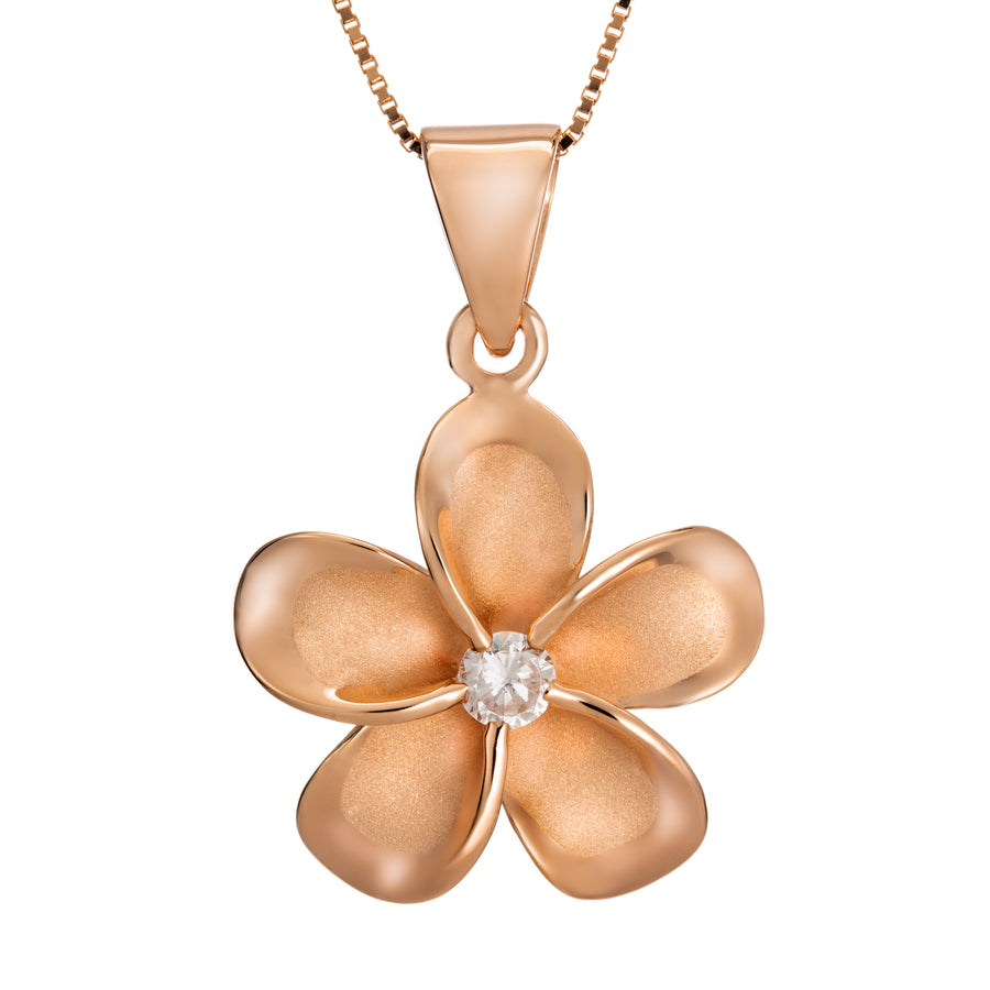 925 Sterling Silver 14K Rose-Gold Plated Plumeria Pendant with Cubic Zirconia (Rose-Gold)