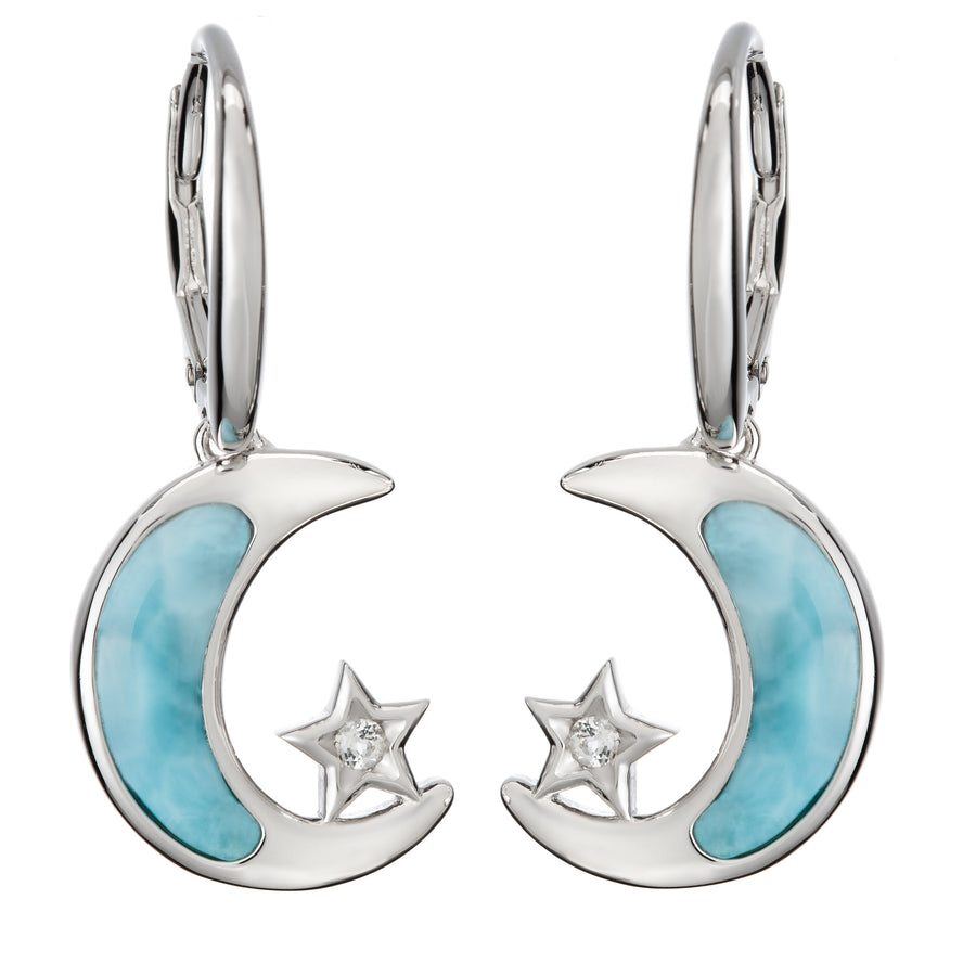 Sterling Silver Natural Larimar Star and Moon Dangle Earrings with Cubic Zirconia