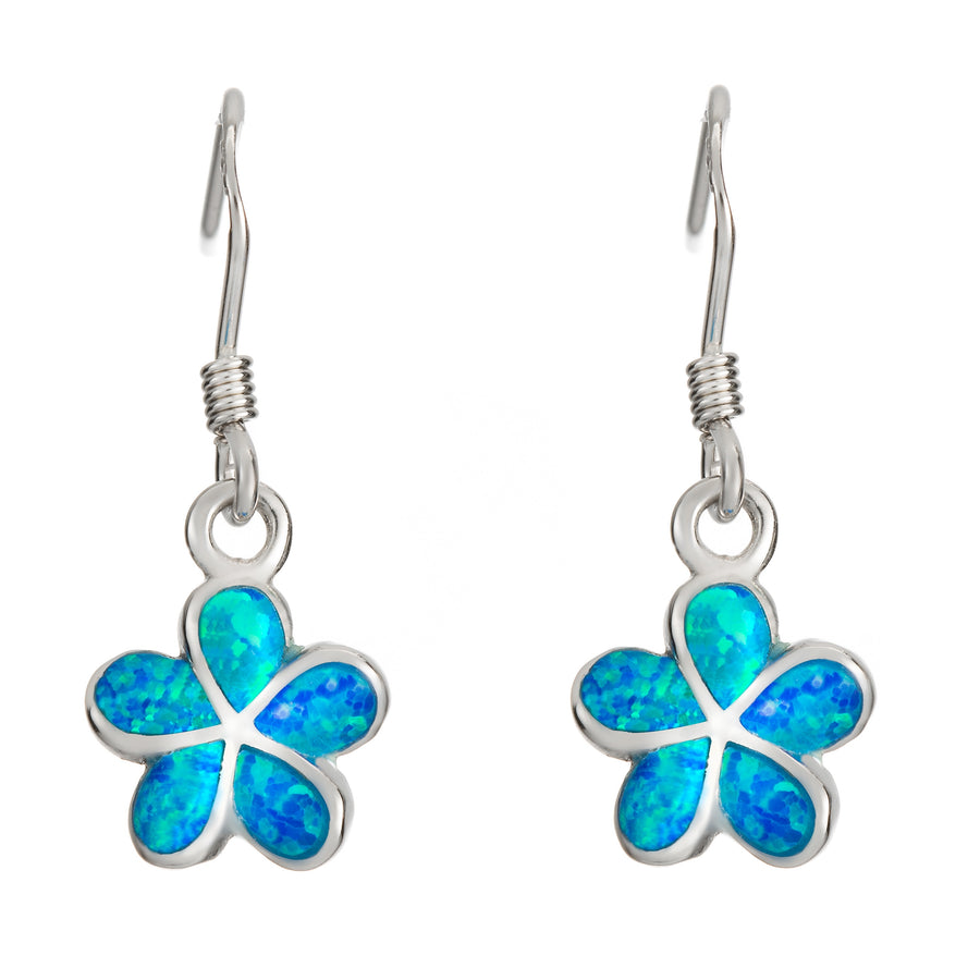 Sterling Silver Blue Opal Plumeria Flower Dangle Earrings