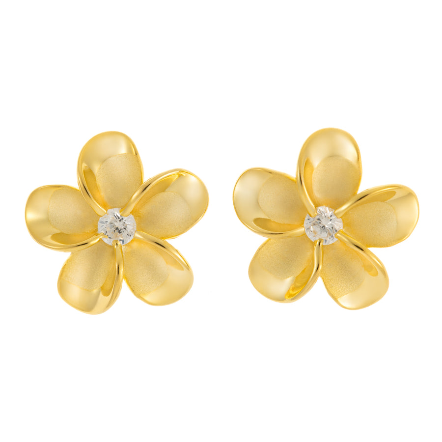 925 Sterling Silver 14K Gold Plated Plumeria Stud Earrings with Cubic Zirconia (Yellow-Gold)