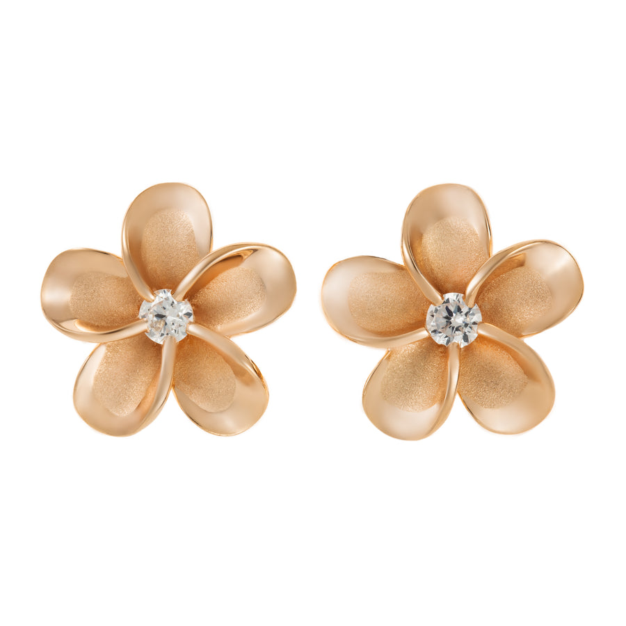 925 Sterling Silver 14K Rose-Gold Plated Plumeria Stud Earrings with Cubic Zirconia (Rose-Gold)