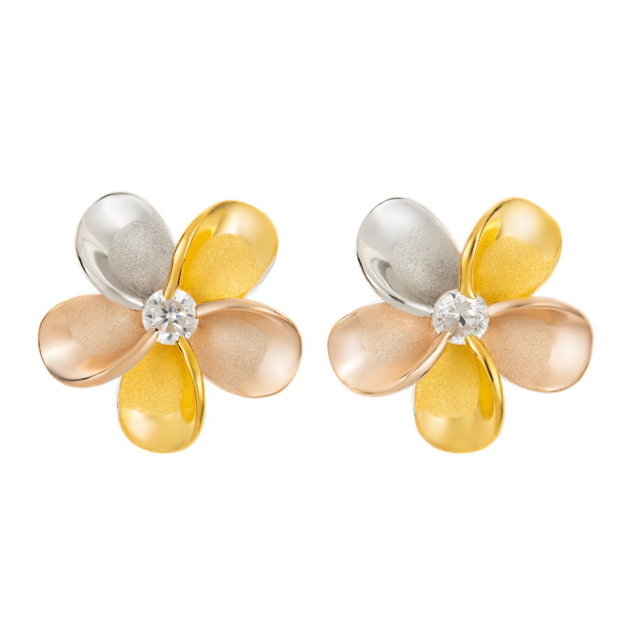 925 Sterling Silver 14K Gold Plated Plumeria Stud Earrings with Cubic Zirconia (Tri-Color)