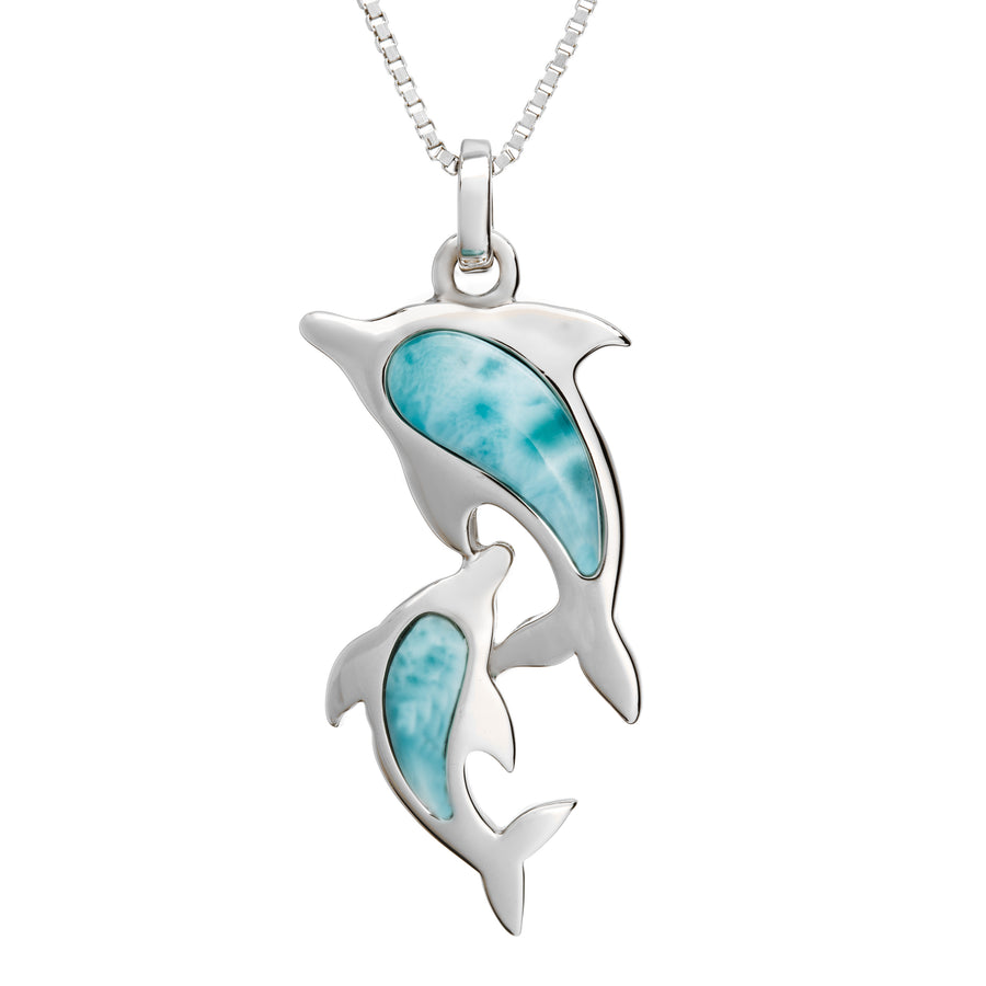 Sterling Silver Natural Larimar Mother and Baby Dolphin Pendant