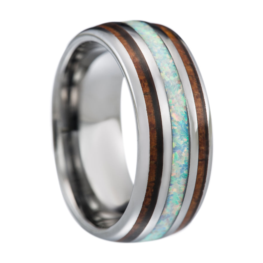 Tungsten Carbide Hawaiian Koa Wood with Synthetic White Opal Inlay 8mm Wedding Band