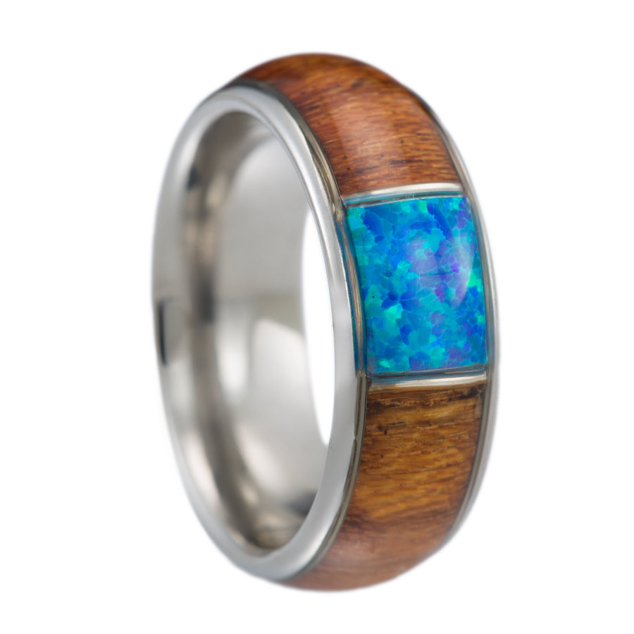 Stainless Steel Hawaiian Koa Wood with Synthetic Blue Opal 8mm Wedding Band