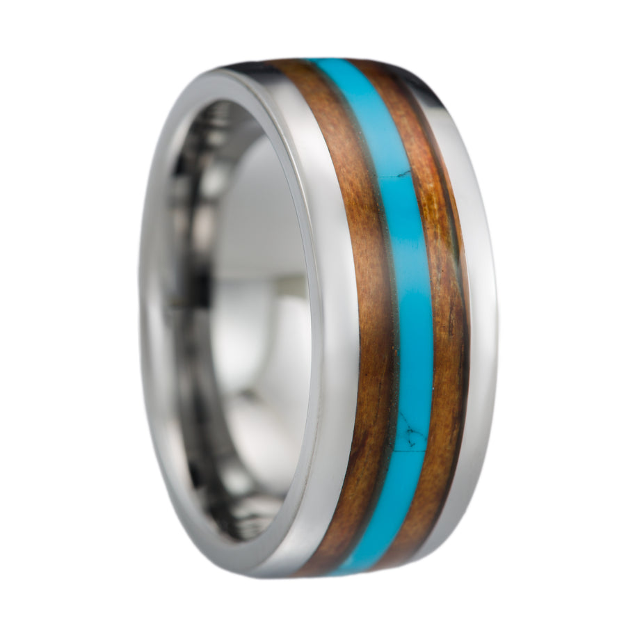 Tungsten Carbide Hawaiian Koa Wood with Turquoise Inlay 8mm Wedding Band