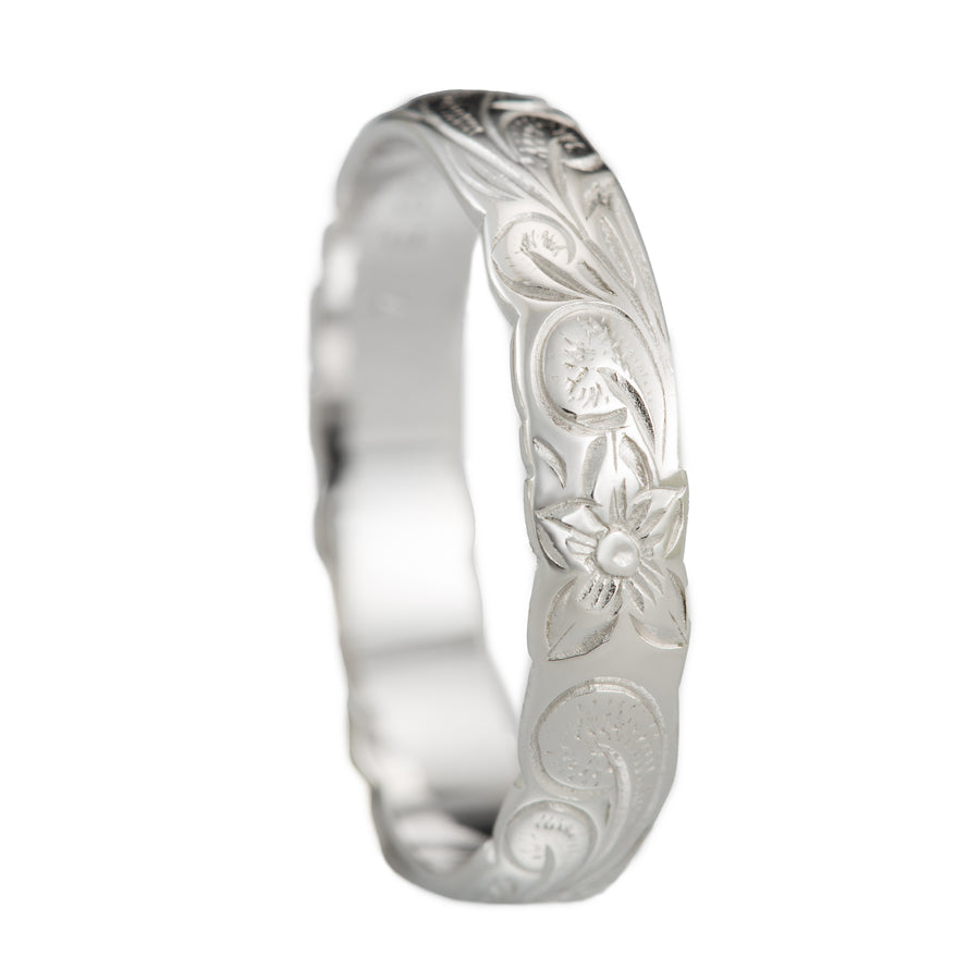 925 Sterling Silver 4mm Hawaiian Princess Plumeria Flower Scroll Ring Stackable Wedding Band