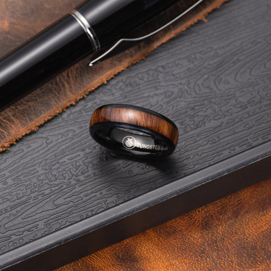 Black Tungsten Carbide Genuine Hawaiian Koa Wood 6mm Wedding Band